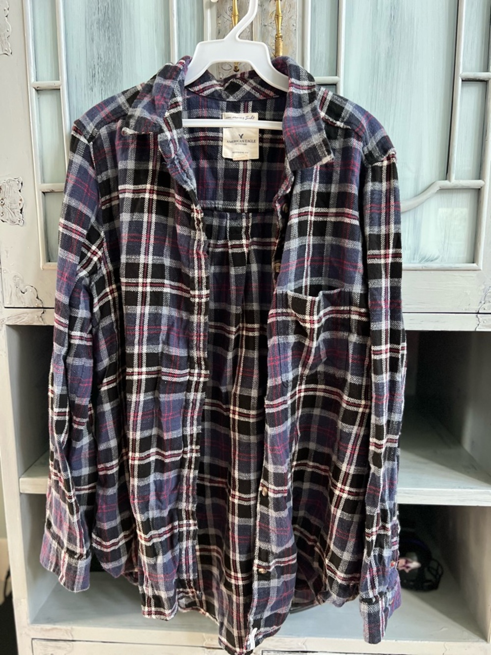 American Eagle Outfitters Black and Navy Plaid Button-Down Shirt